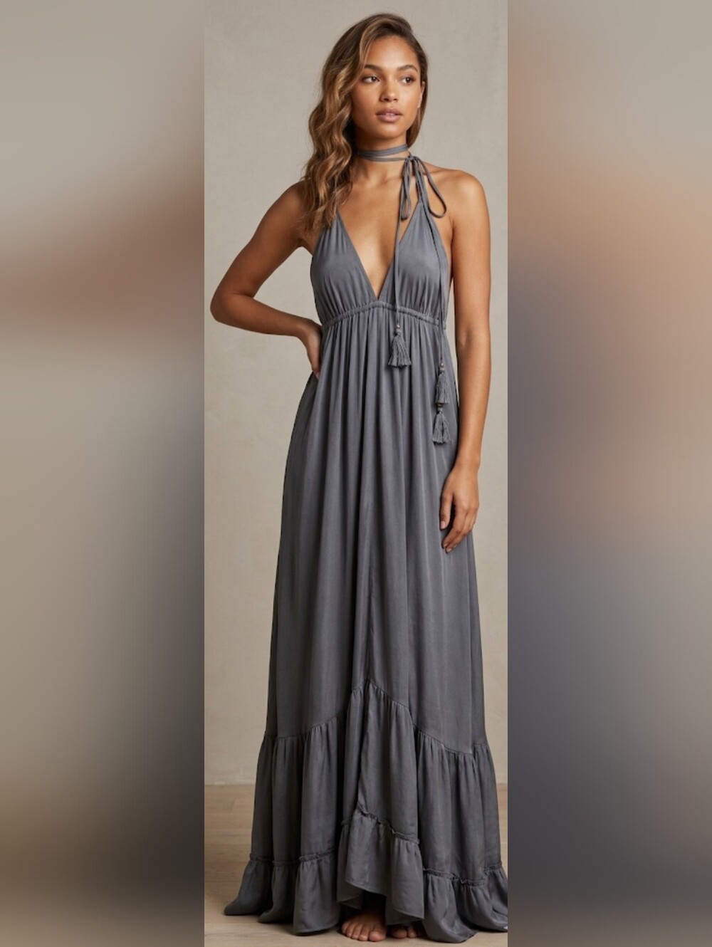 Karma Highway Silky Halter Maxi Dress Gray One Size Boho Festival Backless